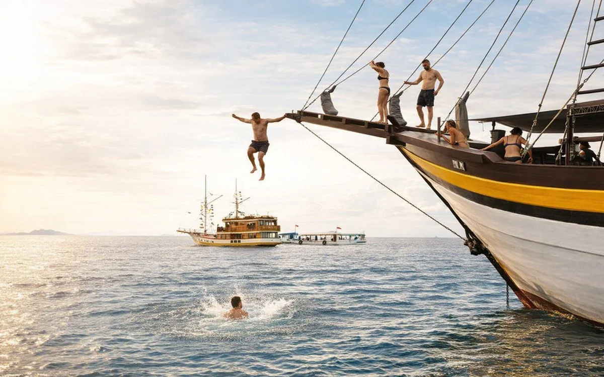The open deck of a small liveaboard boat anchored between islands in calm water