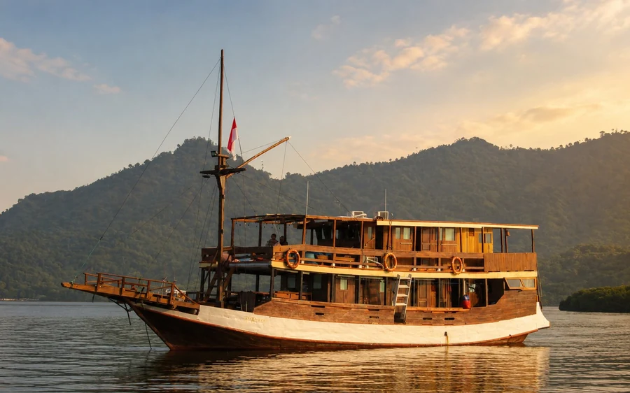 A wooden two-deck boat moored off a green shore below the hills