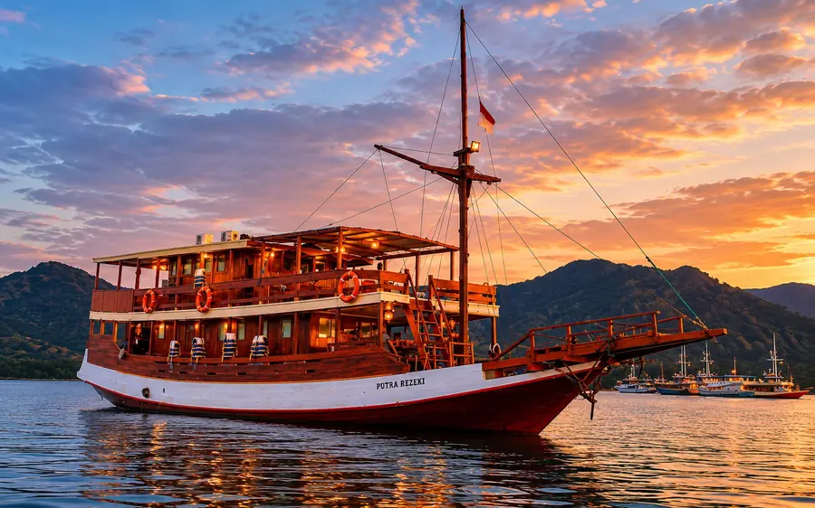 A wooden phinisi boat lit up at sunset with hills behind it